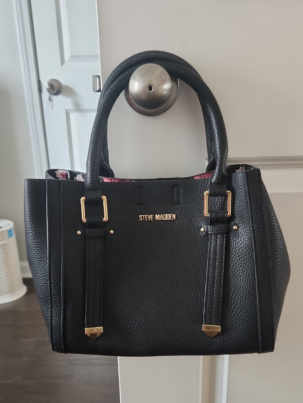 Steve Madden Black Pebbled Leather Satchel with Gold Accents
